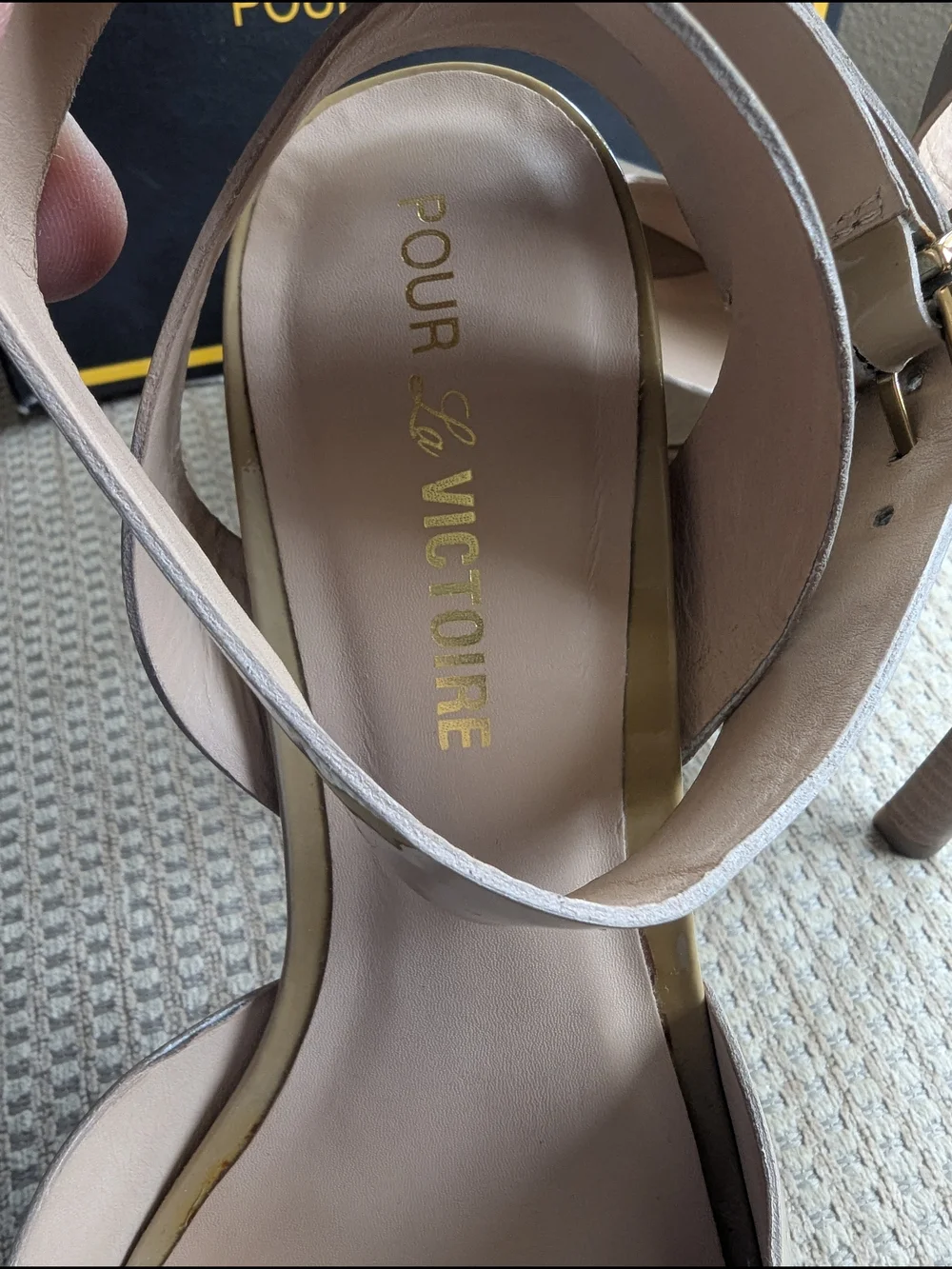 Pour La Victoire Beige Patent Platform Sandal with Ankle Strap